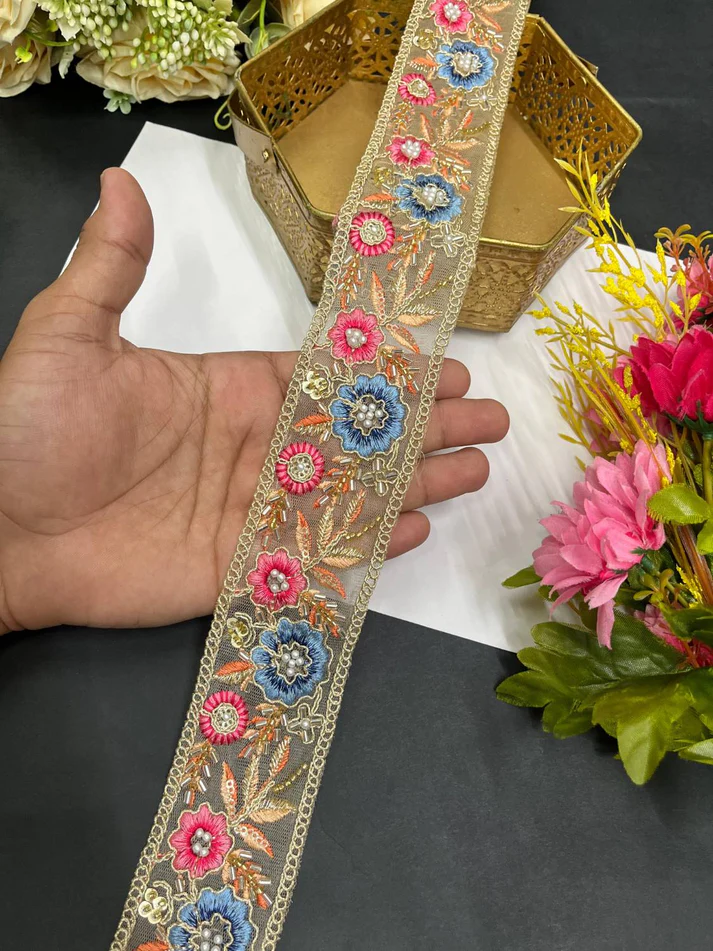 Multicoloured Flower Pipe Work Zari Embroidered Saree Lace